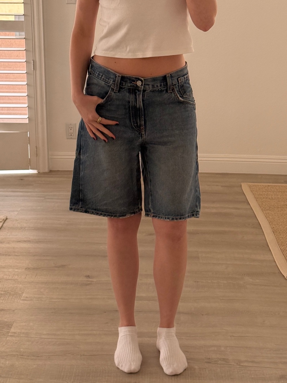 Zara Mid-Rise Denim Bermuda Shorts in Washed Blue